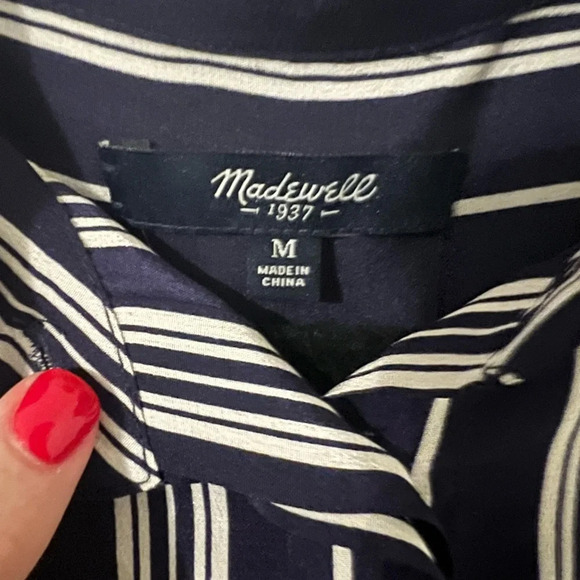 Madewell Silk Blouse Size Medium Blue & White Stripe Print Long SZ M (J116) - Picture 3 of 9